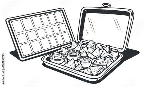 A takeout container filled with nachos and dips in black and white vector style, ideal for food branding and menu design