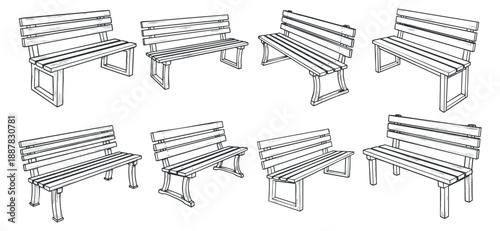 A collection of eight outdoor benches in black and white line art vector style, suitable for architectural design projects.