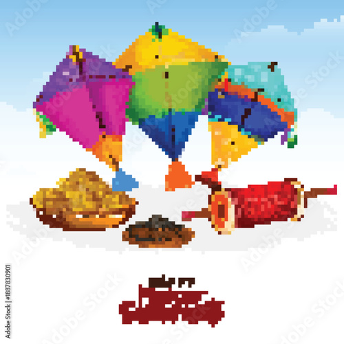 Colorful Makar Sankranti Illustration with Multiple Kites, Red Thread Spool, and Festival Sweets.