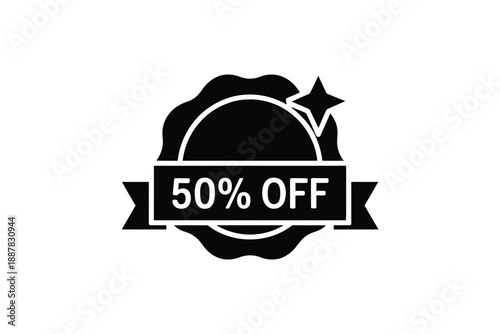 Black sale badge with fifty percent off text and star detail