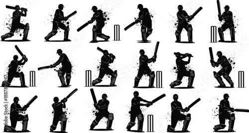 Set of black cricket player silhouettes with splash effects featuring batsmen in various action poses, isolated on white background, vector (20 words)