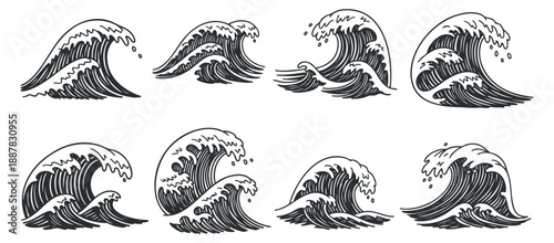 A collection of eight hand-drawn wave illustrations in black and white vector style, ideal for surf-themed designs and ocean-related projects