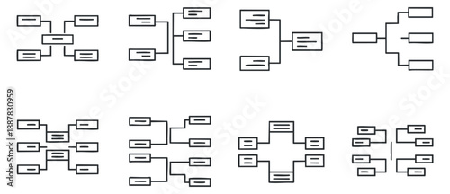 A collection of flowchart diagrams and organizational charts in black and white vector style, suitable for business presentations and project planning