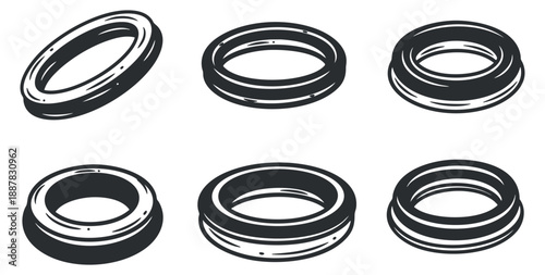 A collection of six different circular rings in black and white outline vector style, suitable for design and branding projects