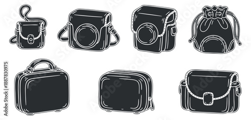 A collection of various bag designs including backpacks, purses, and travel bags in modern outline vector style, perfect for fashion and accessory projects