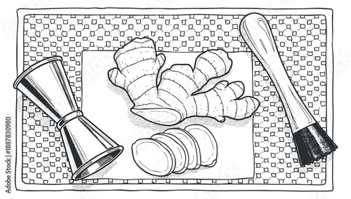 A detailed illustration of sliced ginger roots and kitchen utensils in black and white vector style, ideal for culinary designs