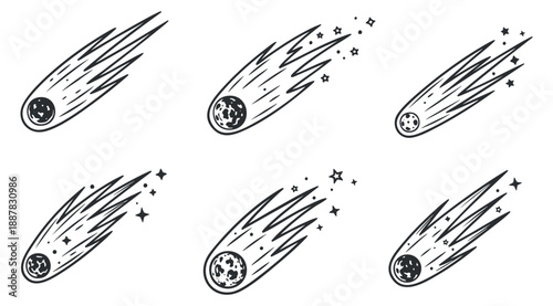 A collection of six comets with varying designs in black and white vector style, ideal for space-themed projects
