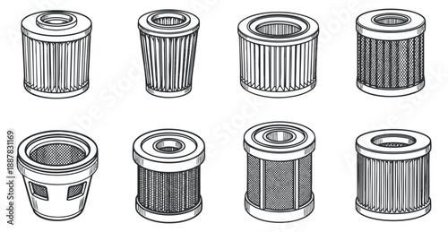 A collection of various filter designs in detailed outline vector style, suitable for industrial and household applications