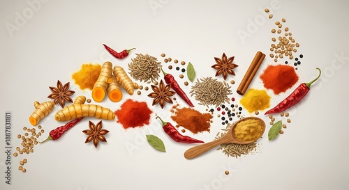 Assorted Spices and Herbs with Wooden Spoon on White Background chili peppers star anise desi