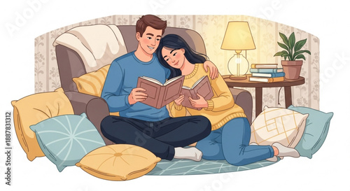 Couple reading together on couch at home relaxing