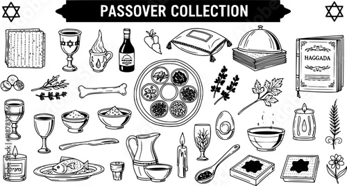 Passover Seder Collection Hand-Drawn Black  White Line Art Vector Illustration of Jewish Holiday Traditions.