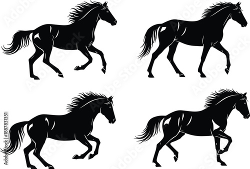 Set of four black vector silhouettes of running horses with flowing manes, isolated on white background for equestrian design logos.