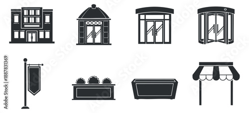 A collection of vector icons featuring various building storefronts and signs in minimalist black and white style, ideal for urban design projects