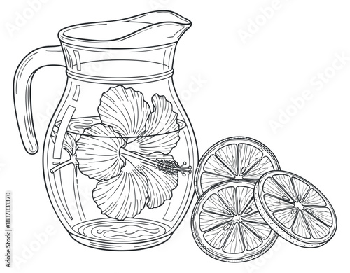 A jug pitcher with a hibiscus flower and lemon slices in black and white outline vector style, ideal for beverage illustrations and summer themes