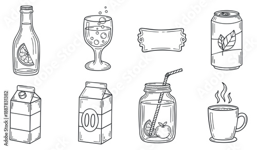 A collection of various beverage containers including a bottle, glass, jar, and cartons in outline minimalist vector style, suitable for food and drink branding
