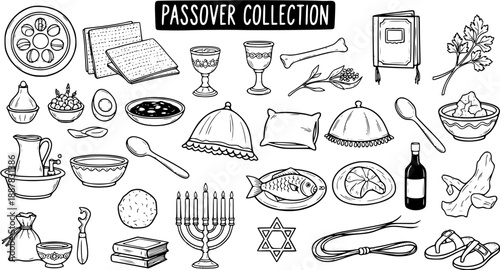 Passover Seder Elements Collection: Jewish Holiday Traditions  Symbols in Black and White Line Art. Doodle Illustration of Religious Ritual Items.