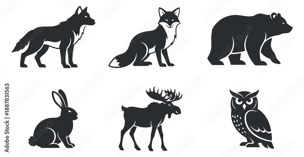 Fototapeta premium A collection of six animal silhouettes including a wolf, fox, bear, rabbit, moose, and owl in black vector style, suitable for nature-themed projects