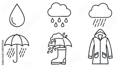 A collection of rain-related icons including a droplet, umbrella, cloud, rain boot, and raincoat in minimalist line art style, suitable for weather-themed designs