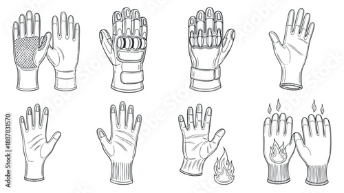 A collection of various glove designs including safety, fireproof, and mechanic gloves in black and white outline style, ideal for industrial and safety illustrations