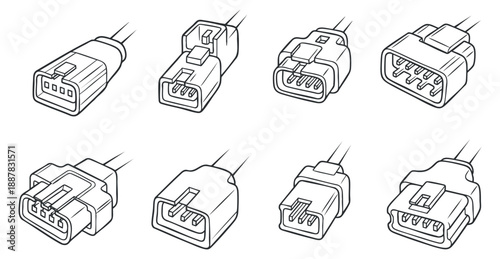 A collection of various electronic connectors and plugs in minimalist outline vector style, suitable for technology and engineering projects
