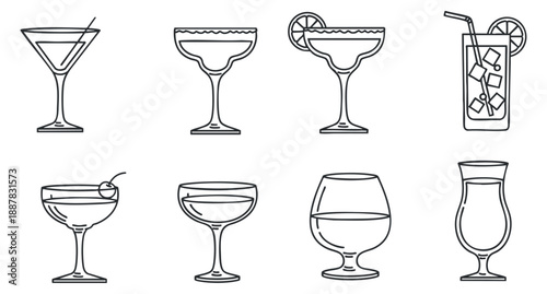 A collection of various cocktail glasses in minimalist outline vector style, suitable for bar menus and party themes