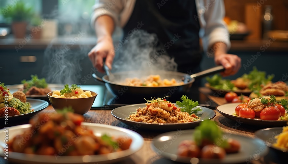 Obraz premium Chef cooks tasty food in modern kitchen. Steam rises from pan with meal. Many dishes prepared, ready for guests. Fine dining cuisine service for restaurant or home.
