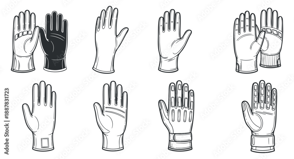 Fototapeta premium A collection of various gloves in outline vector style, suitable for safety, work, and fashion applications