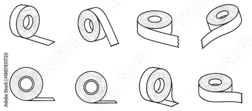 A collection of adhesive tape rolls in black and white outline vector style, ideal for creative projects and office design