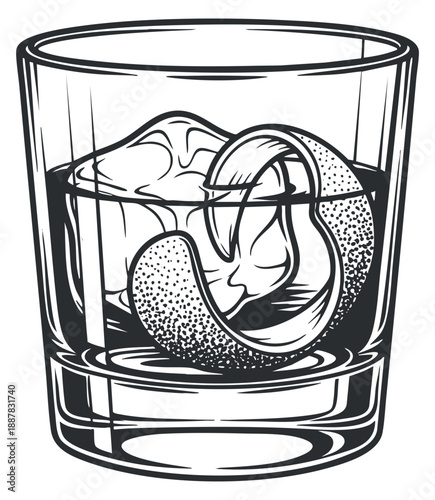 A glass tumbler filled with whiskey and ice, garnished with a citrus twist in black and white outline vector style, perfect for bar menus or cocktail illustrations