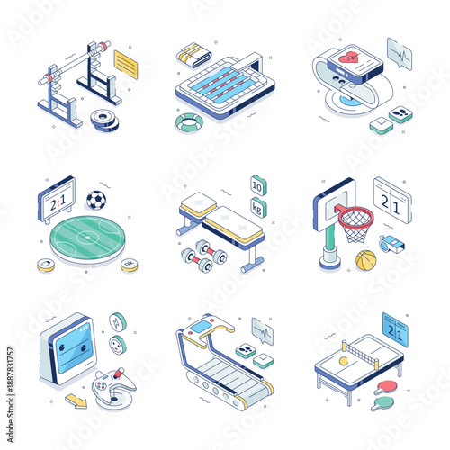 Well designed modern isometric illustration set of sports, fitness and game equipments