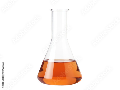 A clear glass flask filled with liquid on a white surface