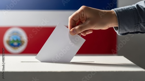 Hand casting a vote into a ballot box with the flag of Costa Rica in the background. Concept of national elections, democracy, presidential campaigns, and political rights in the Costa Rican republic.