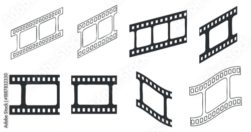 A collection of film strip illustrations in black and white outline vector style, ideal for media and entertainment projects