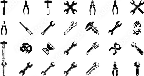 tool, icon, silhouette, hand, mechanical, wrench, hammer, plier, screwdriver, black, white, vector, illustration, design, symbol, repair, construction, engineering, grid, equipment