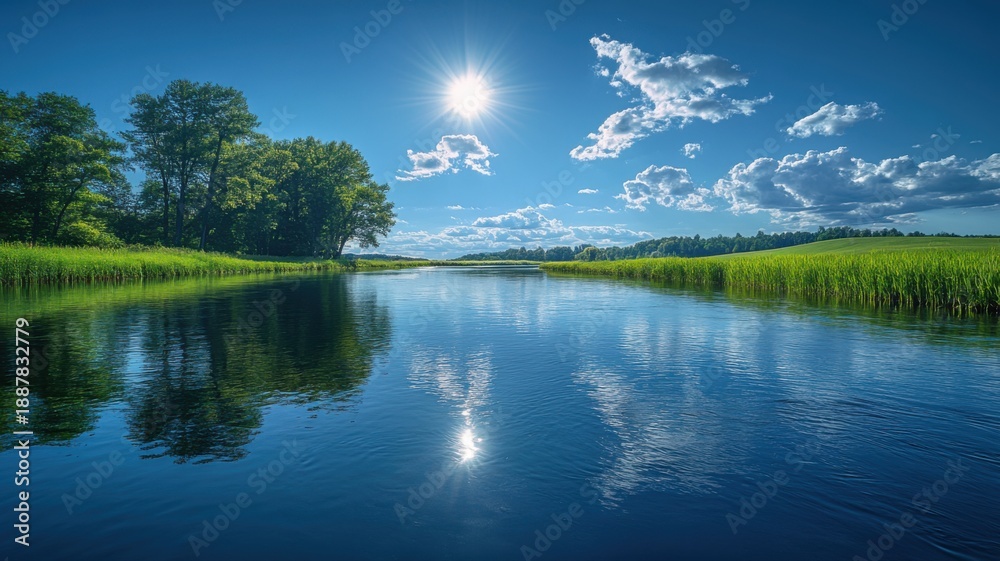 Obraz premium Sunny Summer Day on Peaceful River with Lush Green Banks river green summer peaceful water nature