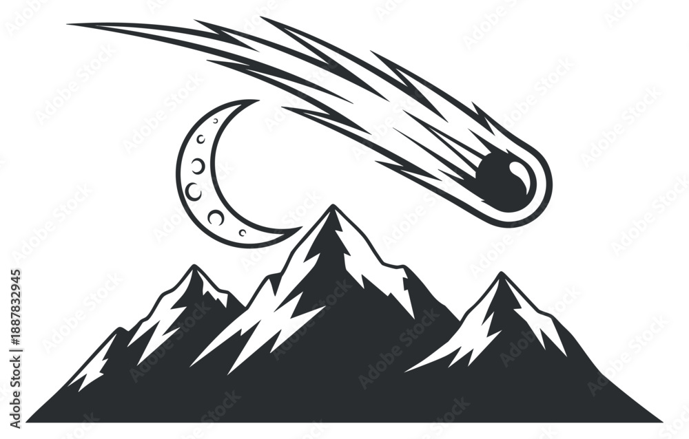 Fototapeta premium A stylized illustration of mountains with a comet and crescent moon in black and white vector style, perfect for outdoor adventure themes