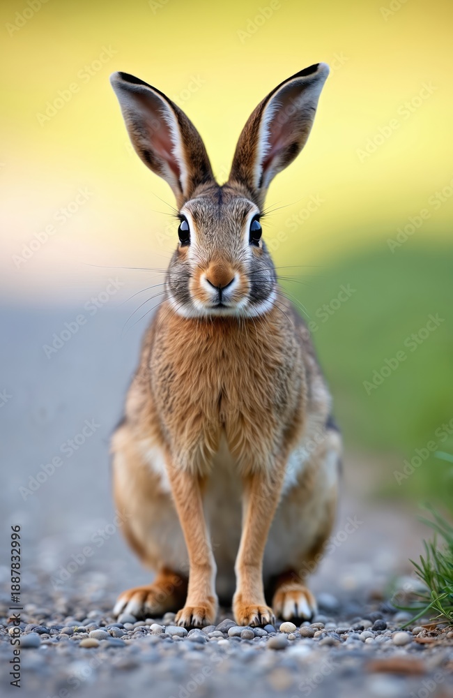 Fototapeta premium European brown hare sits on gravel path amid green grass. Wild mammal with long ears looks forward, camouflaged brown fur blends with natural surroundings. Sunny day warm light.
