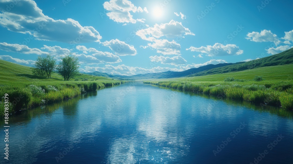 Obraz premium Tranquil River Flowing Through Lush Green Valley Under Sunny Sky river green valley sky tranquil sun