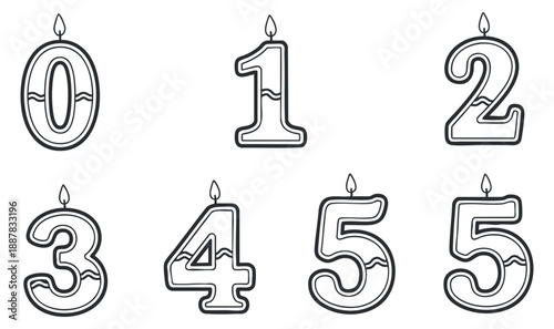 A set of birthday candles shaped like the numbers 0 to 5 in outline minimalist vector style, perfect for celebration themes.