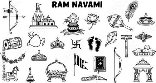Ram Navami Hindu Festival Black and White Line Art Icons Set: Traditional Indian Religious Symbols Collection