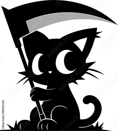 cute gothic cartoon cat holding scythe, playful grim reaper illustration with spooky fantasy mood isolated on white background.