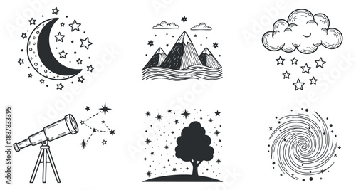 A collection of celestial and nature icons including a moon, stars, mountains, cloud, tree, and telescope in black and white outline vector style, ideal for educational and creative projects