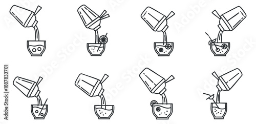 A set of cocktail drink illustrations in black outline minimalist vector style, ideal for bar menus or beverage branding