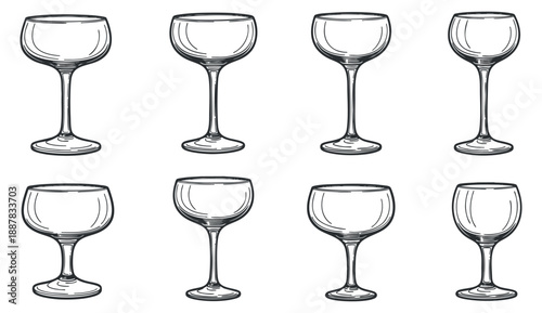 A set of eight elegant cocktail glasses in line art style, perfect for bar and restaurant branding