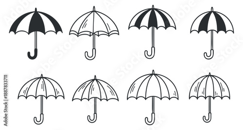 A set of black and white outline umbrellas in minimalist vector style, ideal for weather-themed designs and illustrations