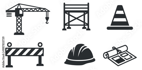 A set of construction icons including a crane, scaffold, safety cone, barrier, hard hat, and blueprint in minimalist black and white vector style, ideal for engineering and construction projects