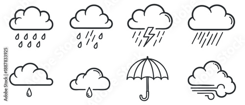 A collection of weather icons featuring clouds, raindrops, lightning, and an umbrella in minimalist outline vector style, ideal for weather-related projects and applications