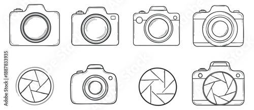 A collection of various camera icons in black and white outline vector style, perfect for photography-related projects