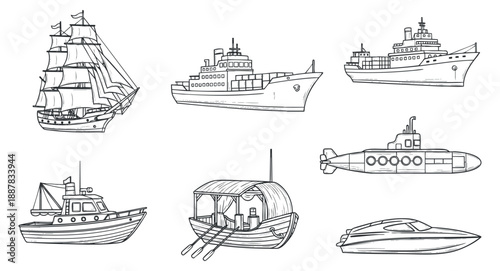 A collection of various boats and ships in detailed outline vector style, ideal for marine-themed projects