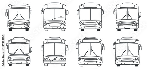 A collection of eight different bus designs in black and white outline vector style, perfect for urban transportation projects